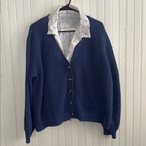 Old Navy Set-Navy Blue Shaker-Stitch Cardigan & Polka Dot Button-Down Shirt